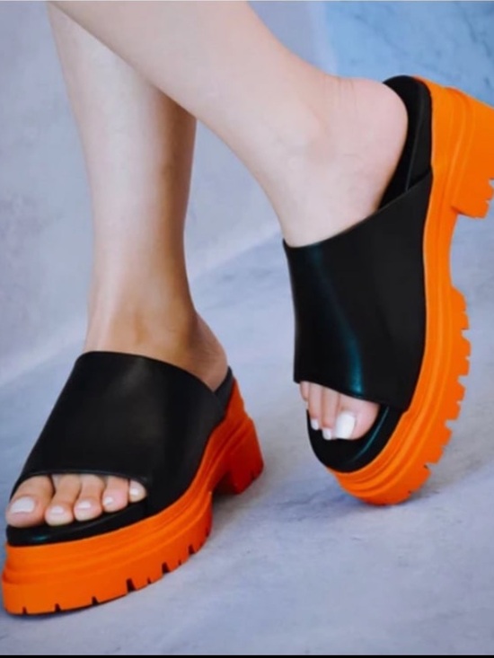 Cape Robbin Shoes - Cape Robbin Black & Orange Chunky Platform Slide Sandals - Bold Contrast